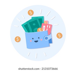 Smiley Wallet With Money. Metaphor Of Wealth, Accumulation And Means. Icon Or Logo For Website. Investment And Financial Literacy, Income Growth, Cards And Coins. Cartoon Flat Vector Illustration