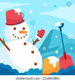 Smiley white snowman under snow rain outside.