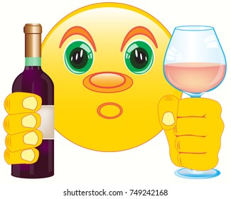 Smiley with wine and goblet in hand on white background