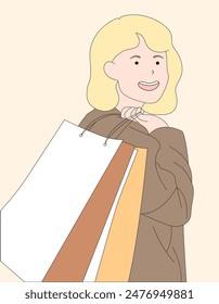 Smiley woman at local retail with shopping bags. Shopping day. Blonde Girl dressed in a jacket. Vector Flat illustration.