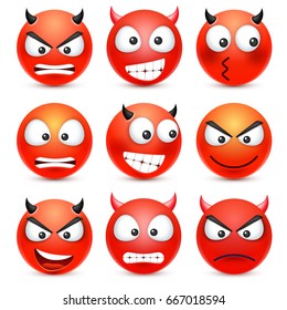 Smiley,angry,devil emoticon set. Face with emotions. Facial expression. 3d realistic emoji. Funny cartoon character.Mood. Web icon. Vector illustration.