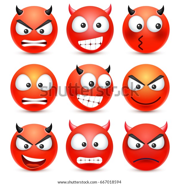 スマイル 怒った 悪魔の絵文字セット 感情を持った顔 表情 3dのリアルな絵文字 おかしな漫画のキャラクター ムード ウェブアイコン ベクターイラスト のベクター画像素材 ロイヤリティフリー