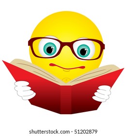 Smiley-ball in glasses read red book, vector illustration