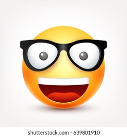 Smiley,emoticon with glasses. Yellow face with emotions. Facial expression. 3d realistic emoji. Funny cartoon character.Mood. Web icon. Vector illustration.