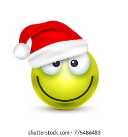 Smiley,emoticon. Green emoji, face with emotions and Christmas hat. New Year, Santa.Winter. Sad,happy,angry faces.Funny cartoon character.Mood. Vector.