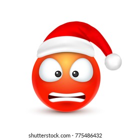 Smiley,emoticon. Red emoji, face with emotions and Christmas hat. New Year, Santa.Winter. Sad,happy,angry faces.Funny cartoon character.Mood. Vector.