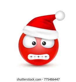 Smiley,emoticon. Red emoji, face with emotions and Christmas hat. New Year, Santa.Winter. Sad,happy,angry faces.Funny cartoon character.Mood. Vector.