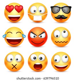 Smiley,emoticon set. Yellow face with emotions. Facial expression. 3d realistic emoji. Sad,happy,angry faces.Funny cartoon character.Mood. Web icon. Vector illustration.