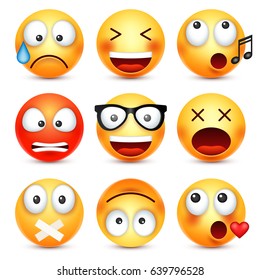 Smiley,emoticon set. Yellow face with emotions. Facial expression. 3d realistic emoji. Sad,happy,angry faces.Funny cartoon character.Mood. Web icon. Vector illustration.