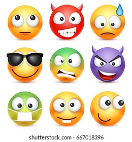 Smiley,emoticon set. Yellow face with emotions. Facial expression. 3d realistic emoji. Sad,happy,angry faces.Funny cartoon character.Mood. Web icon. Vector illustration.