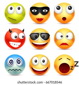 Smiley,emoticon set. Yellow face with emotions. Facial expression. 3d realistic emoji. Sad,happy,angry faces.Funny cartoon character.Mood. Web icon. Vector illustration.