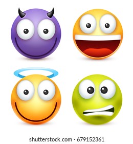 Smiley,emoticon set. Yellow face with emotions. Facial expression. 3d realistic emoji. Sad,happy,angry faces.Funny cartoon character.Mood. Web icon. Vector illustration.