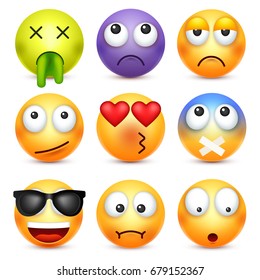 Smiley,emoticon set. Yellow face with emotions. Facial expression. 3d realistic emoji. Sad,happy,angry faces.Funny cartoon character.Mood. Web icon. Vector illustration.