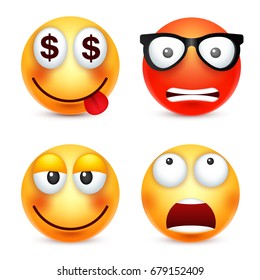 Smiley,emoticon set. Yellow face with emotions. Facial expression. 3d realistic emoji. Sad,happy,angry faces.Funny cartoon character.Mood. Web icon. Vector illustration.