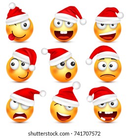 Smiley, Emoticon Set. Gelbes Gesicht mit Emotionen und Weihnachtsmütze. Neujahr, Weihnachten. Winter Emoji. Traurig, glücklich, wütende Gesichter.Funny Cartoon Charakter.Mood. Vektorgrafik.