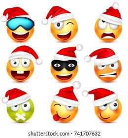 Smiley,emoticon set. Yellow face with emotions and Christmas hat. New Year, Santa.Winter emoji. Sad,happy,angry faces.Funny cartoon character.Mood. Vector.