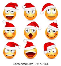Smiley,emoticon set. Yellow face with emotions and Christmas hat. New Year, Santa.Winter emoji. Sad,happy,angry faces.Funny cartoon character.Mood. Vector.