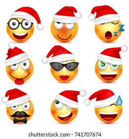 Smiley,emoticon set. Yellow face with emotions and Christmas hat. New Year, Santa.Winter emoji. Sad,happy,angry faces.Funny cartoon character.Mood. Vector.