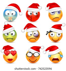 Smiley,emoticon set. Yellow face with emotions and Christmas hat. New Year, Santa.Winter emoji. Sad,happy,angry faces.Funny cartoon character.Mood. Vector.