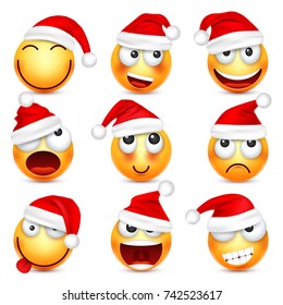 Smiley,emoticon set. Yellow face with emotions and Christmas hat. New Year, Santa.Winter emoji. Sad,happy,angry faces.Funny cartoon character.Mood. Vector.