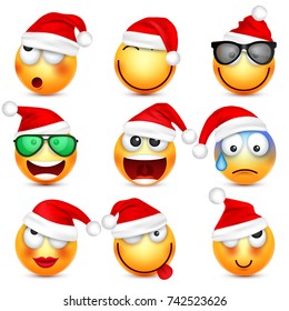Smiley,emoticon set. Yellow face with emotions and Christmas hat. New Year, Santa.Winter emoji. Sad,happy,angry faces.Funny cartoon character.Mood. Vector.