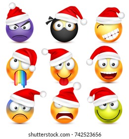 Smiley,emoticon set. Yellow face with emotions and Christmas hat. New Year, Santa.Winter emoji. Sad,happy,angry faces.Funny cartoon character.Mood. Vector.