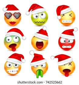 Smiley,emoticon set. Yellow face with emotions and Christmas hat. New Year, Santa.Winter emoji. Sad,happy,angry faces.Funny cartoon character.Mood. Vector.