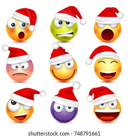 Smiley,emoticon set. Yellow face with emotions and Christmas hat. New Year, Santa.Winter emoji. Sad,happy,angry faces.Funny cartoon character.Mood. Vector.