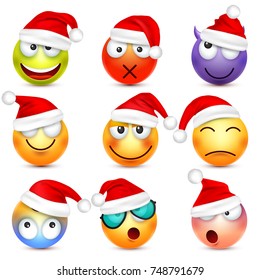 Smiley,emoticon set. Yellow face with emotions and Christmas hat. New Year, Santa.Winter emoji. Sad,happy,angry faces.Funny cartoon character.Mood. Vector.
