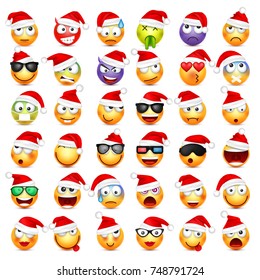 Smiley,emoticon set. Yellow face with emotions and Christmas hat. New Year, Santa.Winter emoji. Sad,happy,angry faces.Funny cartoon character.Mood. Vector.