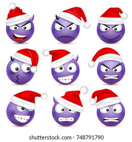 Smiley,emoticon set. Yellow face with emotions and Christmas hat. New Year, Santa.Winter emoji. Sad,happy,angry faces.Funny cartoon character.Mood. Vector.