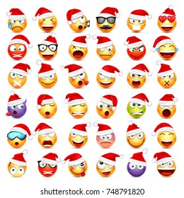 Smiley,emoticon set. Yellow face with emotions and Christmas hat. New Year, Santa.Winter emoji. Sad,happy,angry faces.Funny cartoon character.Mood. Vector.