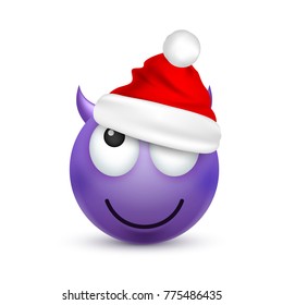 Smiley,emoticon. Violet emoji, face with emotions and Christmas hat. New Year, Santa.Winter. Sad,happy,angry faces.Funny cartoon character.Mood. Vector.