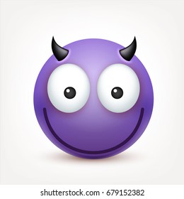 Smiley,emoticon. Violet face with emotions. Facial expression. 3d realistic emoji. Sad,happy,angry faces.Funny cartoon character.Mood. Web icon. Vector illustration.