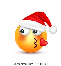 Smiley,emoticon. Yellow emoji, face with emotions and Christmas hat. New Year, Santa.Winter. Sad,happy,angry faces.Funny cartoon character.Mood. Vector.