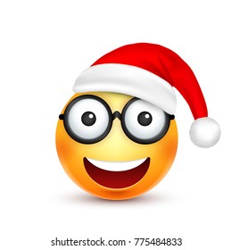 Smiley,emoticon. Yellow emoji, face with emotions and Christmas hat. New Year, Santa.Winter. Sad,happy,angry faces.Funny cartoon character.Mood. Vector.