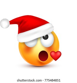Smiley,emoticon. Yellow emoji, face with emotions and Christmas hat. New Year, Santa.Winter. Sad,happy,angry faces.Funny cartoon character.Mood. Vector.