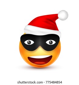 Smiley,emoticon. Yellow emoji, face with emotions and Christmas hat. New Year, Santa.Winter. Sad,happy,angry faces.Funny cartoon character.Mood. Vector.