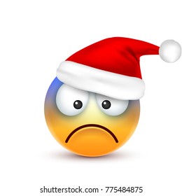 Smiley,emoticon. Yellow emoji, face with emotions and Christmas hat. New Year, Santa.Winter. Sad,happy,angry faces.Funny cartoon character.Mood. Vector.