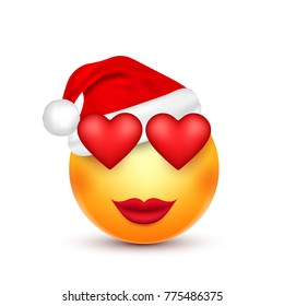 Smiley,emoticon. Yellow emoji, face with emotions and Christmas hat. New Year, Santa.Winter. Sad,happy,angry faces.Funny cartoon character.Mood. Vector.
