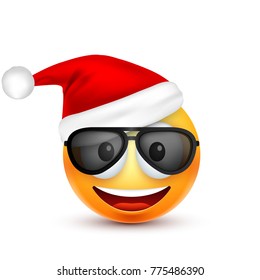 Smiley,emoticon. Yellow emoji, face with emotions and Christmas hat. New Year, Santa.Winter. Sad,happy,angry faces.Funny cartoon character.Mood. Vector.