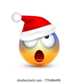Smiley,emoticon. Yellow emoji, face with emotions and Christmas hat. New Year, Santa.Winter. Sad,happy,angry faces.Funny cartoon character.Mood. Vector.