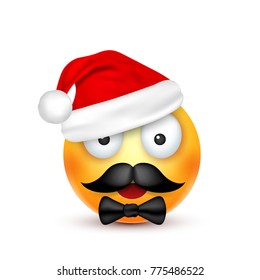 Smiley,emoticon. Yellow emoji, face with emotions and Christmas hat. New Year, Santa.Winter. Sad,happy,angry faces.Funny cartoon character.Mood. Vector.