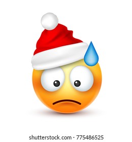 Smiley,emoticon. Yellow emoji, face with emotions and Christmas hat. New Year, Santa.Winter. Sad,happy,angry faces.Funny cartoon character.Mood. Vector.