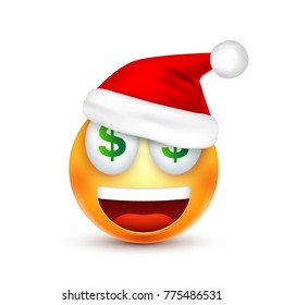Smiley,emoticon. Yellow emoji, face with emotions and Christmas hat. New Year, Santa.Winter. Sad,happy,angry faces.Funny cartoon character.Mood. Vector.