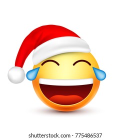 Smiley,emoticon. Yellow emoji, face with emotions and Christmas hat. New Year, Santa.Winter. Sad,happy,angry faces.Funny cartoon character.Mood. Vector.