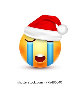 Smiley,emoticon. Yellow emoji, face with emotions and Christmas hat. New Year, Santa.Winter. Sad,happy,angry faces.Funny cartoon character.Mood. Vector.