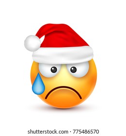 Smiley,emoticon. Yellow emoji, face with emotions and Christmas hat. New Year, Santa.Winter. Sad,happy,angry faces.Funny cartoon character.Mood. Vector.