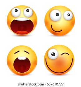 Smiley,emoticons set. Yellow face with emotions. Facial expression. 3d realistic emoji. Funny cartoon character.Mood. Web icon. Vector illustration.