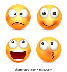 Smiley,emoticons set. Yellow face with emotions. Facial expression. 3d realistic emoji. Funny cartoon character.Mood. Web icon. Vector illustration.